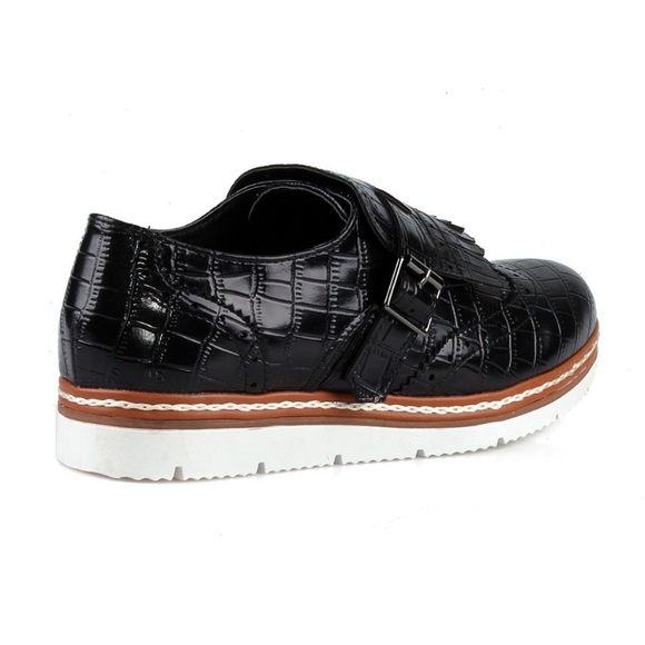 Black Croc Skin Fringe Oxford Style Sneakers - Picture 4 of 5